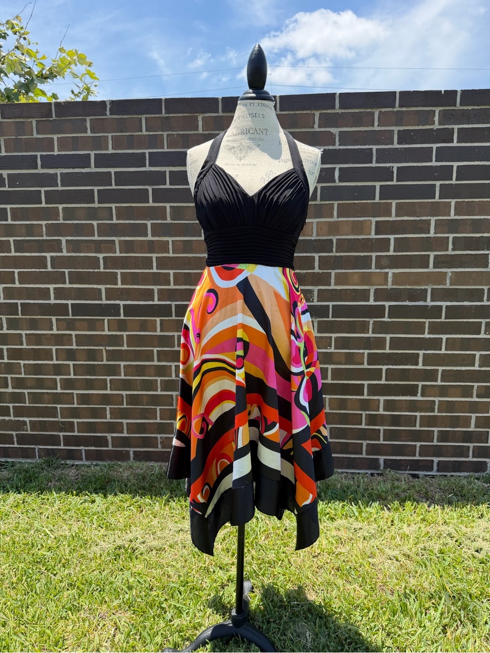 Black Halter Dress Orange Pink Swirl Skirt